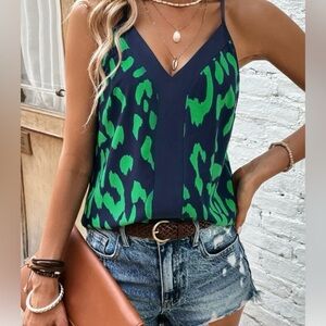 SHEIN Green and Navy Animal Print Camisole Top